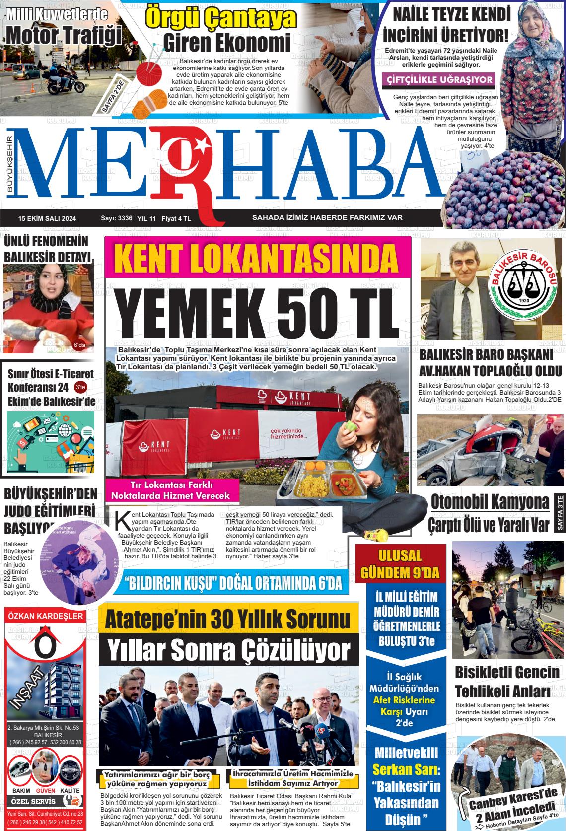 15 Ekim 2024 Büyükşehir Merhaba GAzetesi Gazete Manşeti