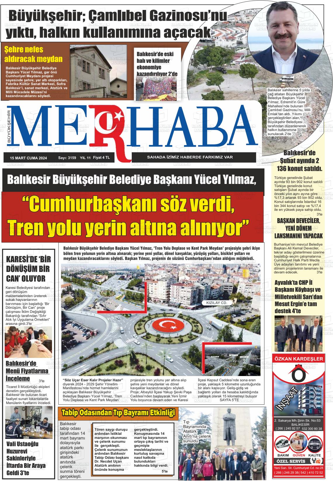 15 Mart 2024 Büyükşehir Merhaba GAzetesi Gazete Manşeti