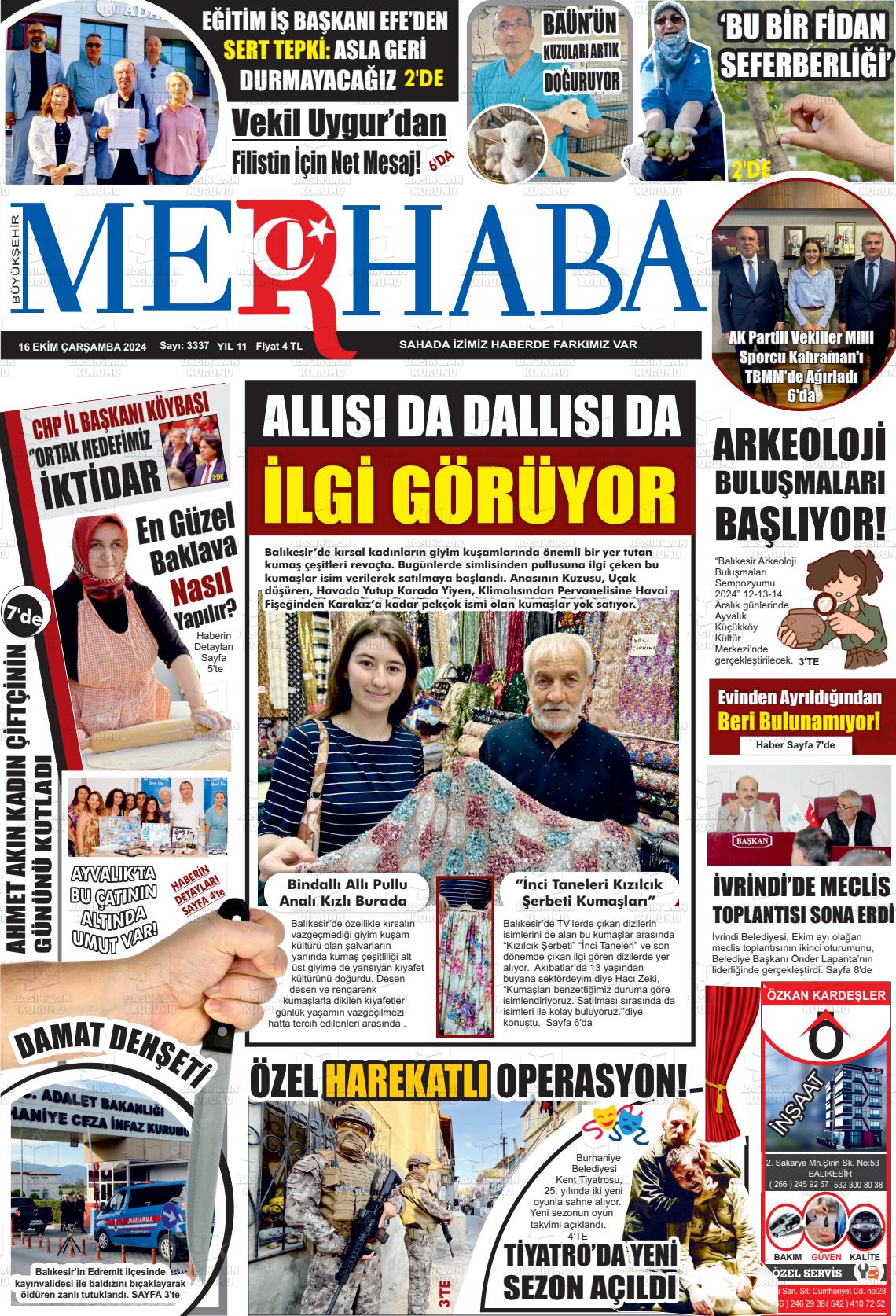 16 Ekim 2024 Büyükşehir Merhaba GAzetesi Gazete Manşeti