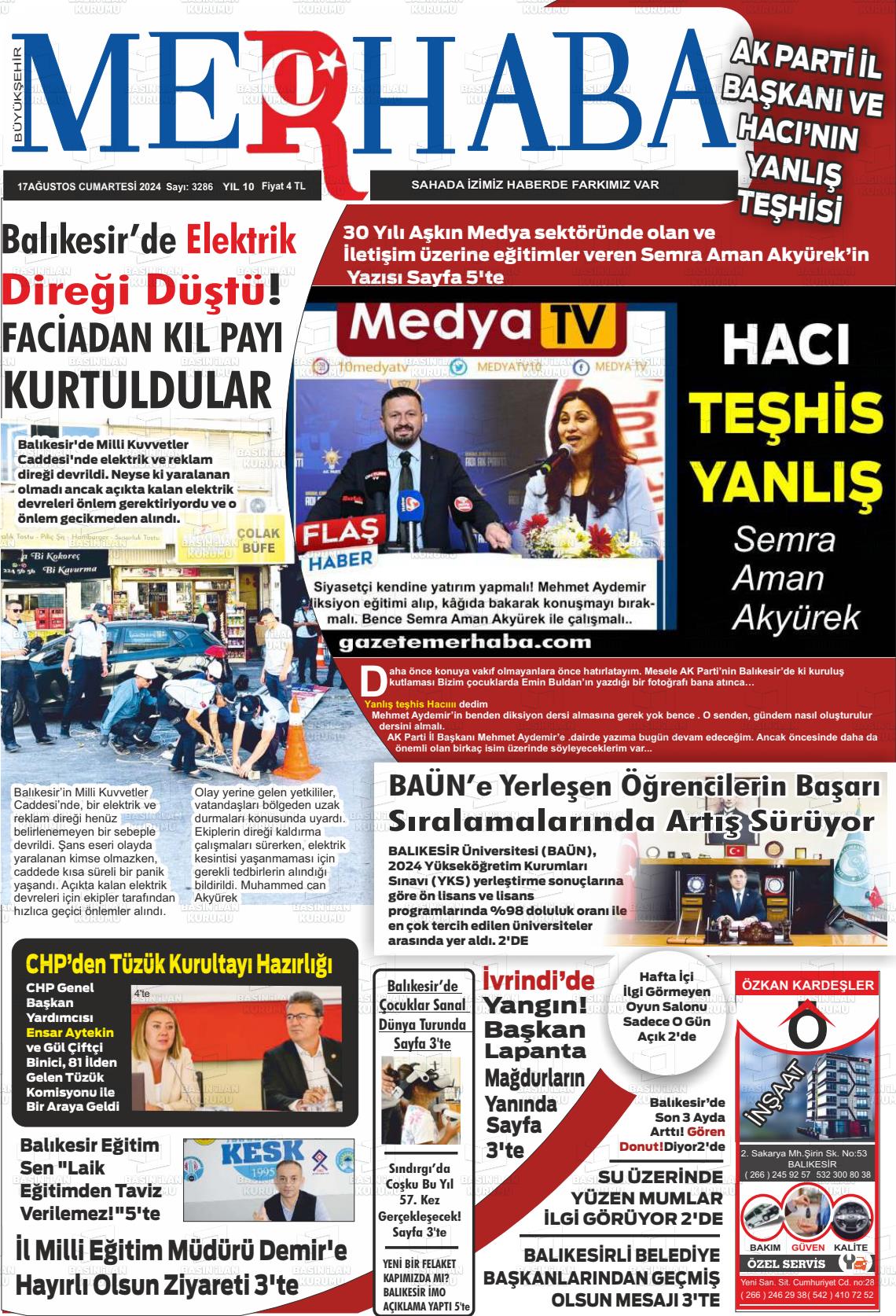 17 Ağustos 2024 Büyükşehir Merhaba GAzetesi Gazete Manşeti