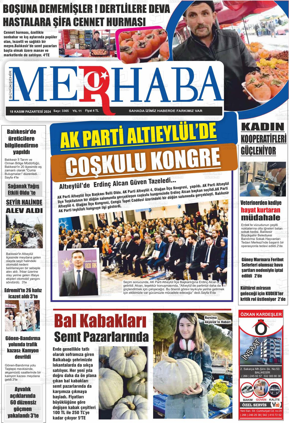 18 Kasım 2024 Büyükşehir Merhaba GAzetesi Gazete Manşeti