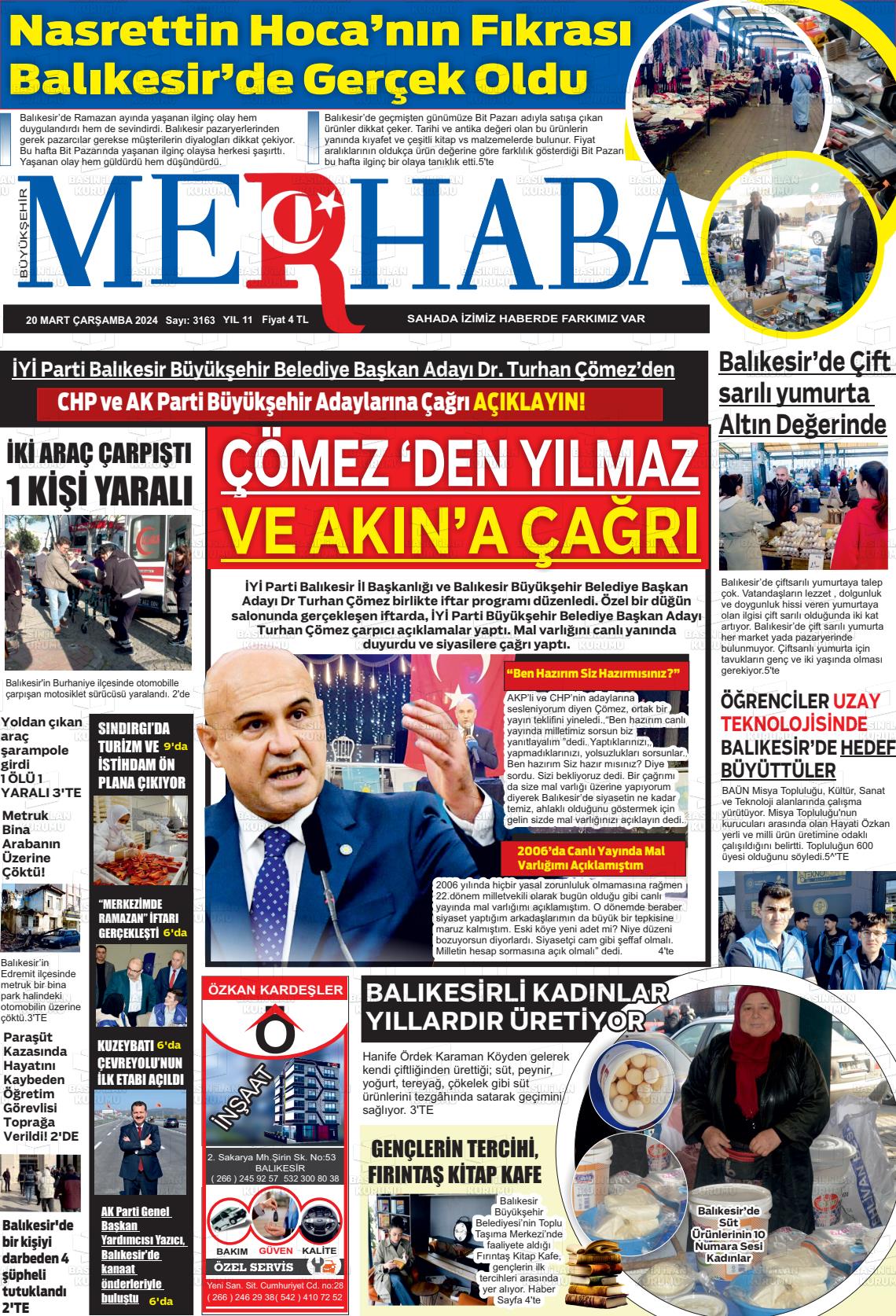 20 Mart 2024 Büyükşehir Merhaba GAzetesi Gazete Manşeti