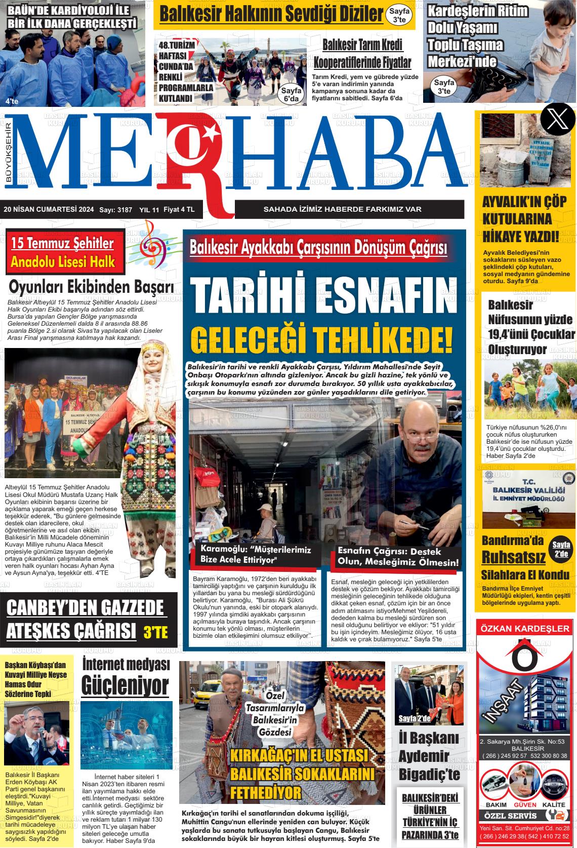 20 Nisan 2024 Büyükşehir Merhaba GAzetesi Gazete Manşeti