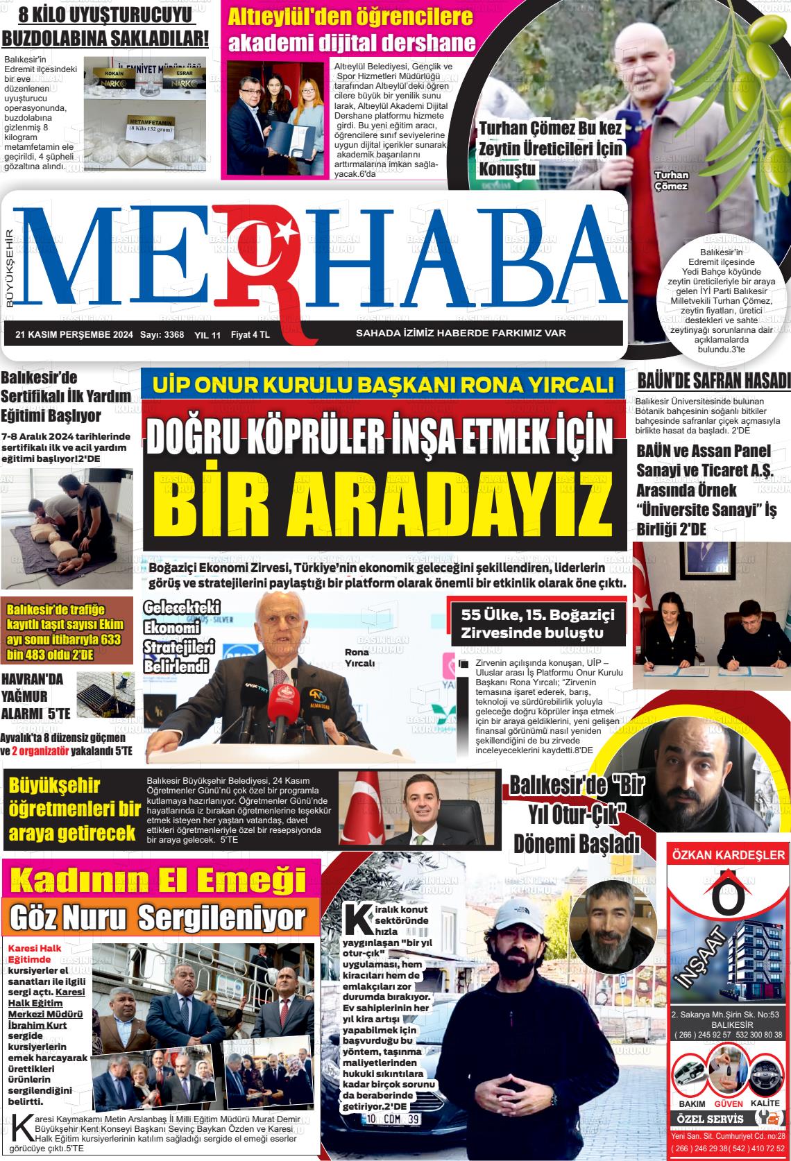 21 Kasım 2024 Büyükşehir Merhaba GAzetesi Gazete Manşeti