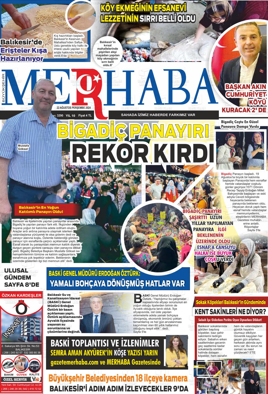 22 Ağustos 2024 Büyükşehir Merhaba GAzetesi Gazete Manşeti