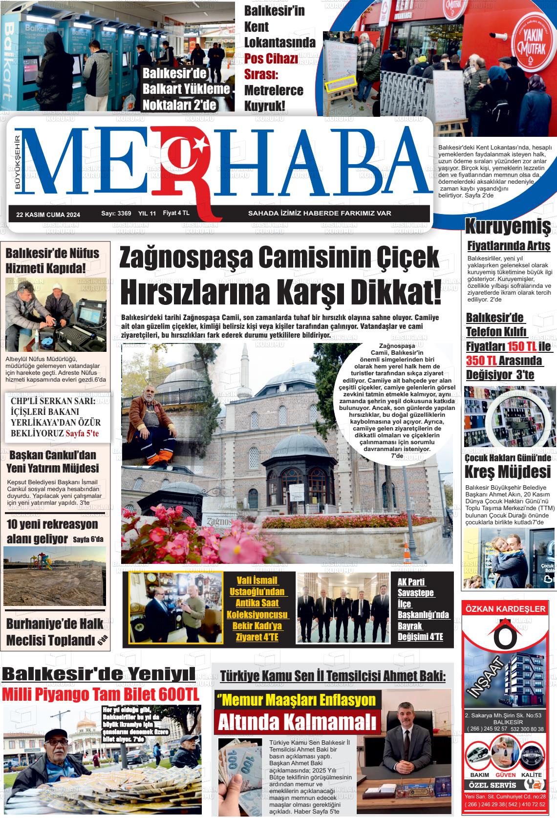 22 Kasım 2024 Büyükşehir Merhaba GAzetesi Gazete Manşeti