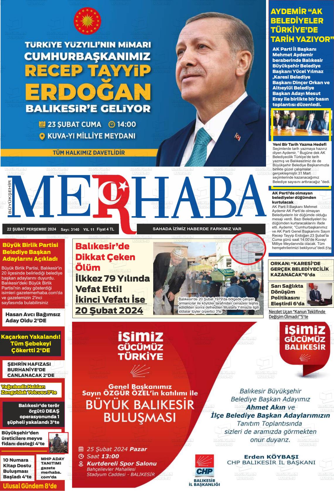 22 Şubat 2024 Büyükşehir Merhaba GAzetesi Gazete Manşeti