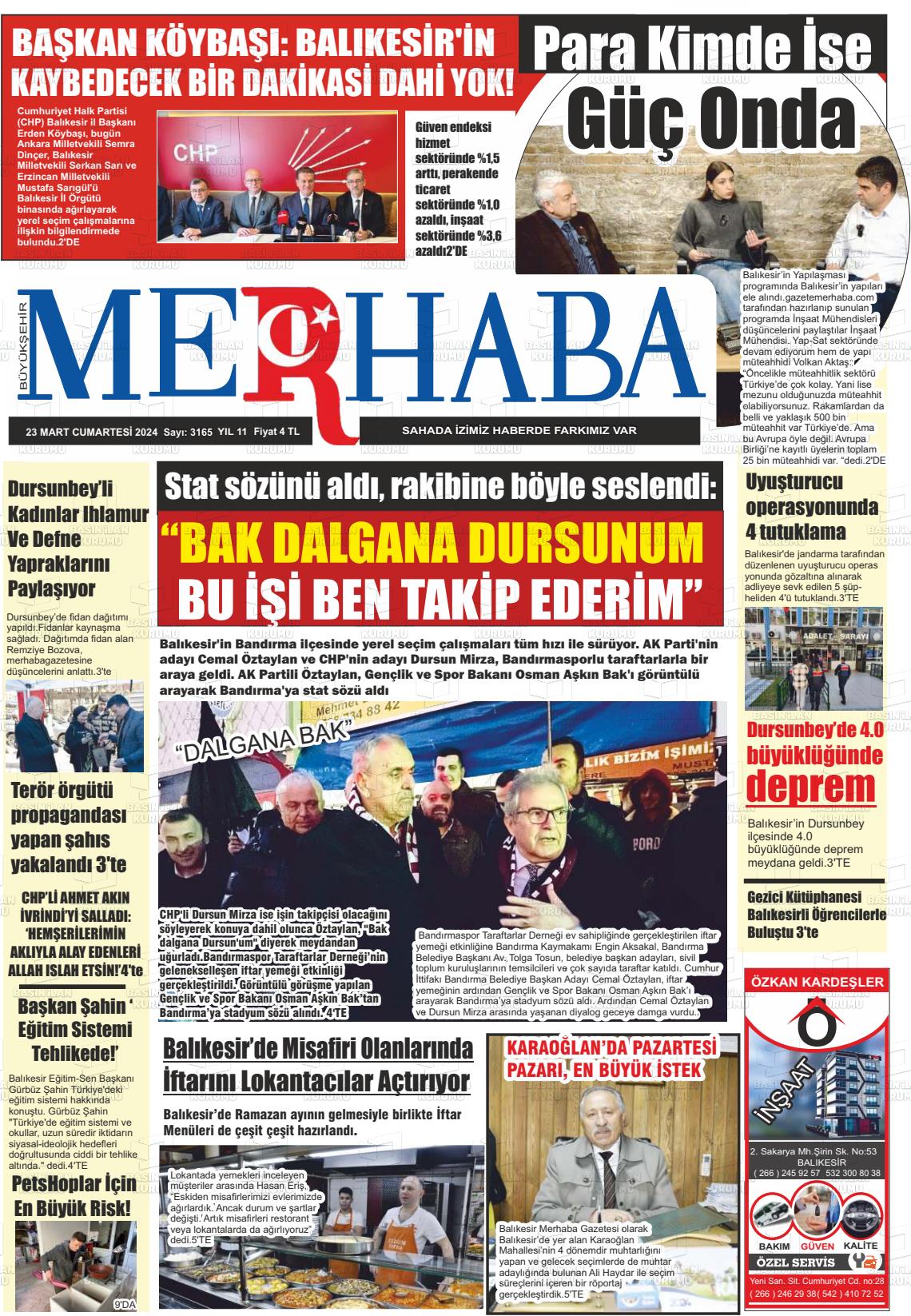 23 Mart 2024 Büyükşehir Merhaba GAzetesi Gazete Manşeti