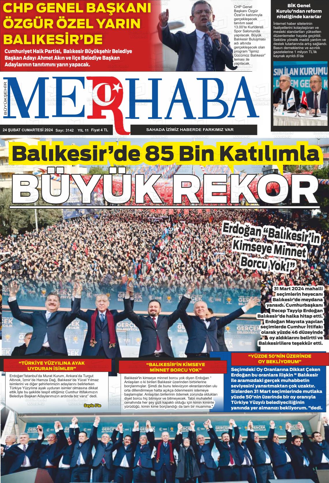 24 Şubat 2024 Büyükşehir Merhaba GAzetesi Gazete Manşeti