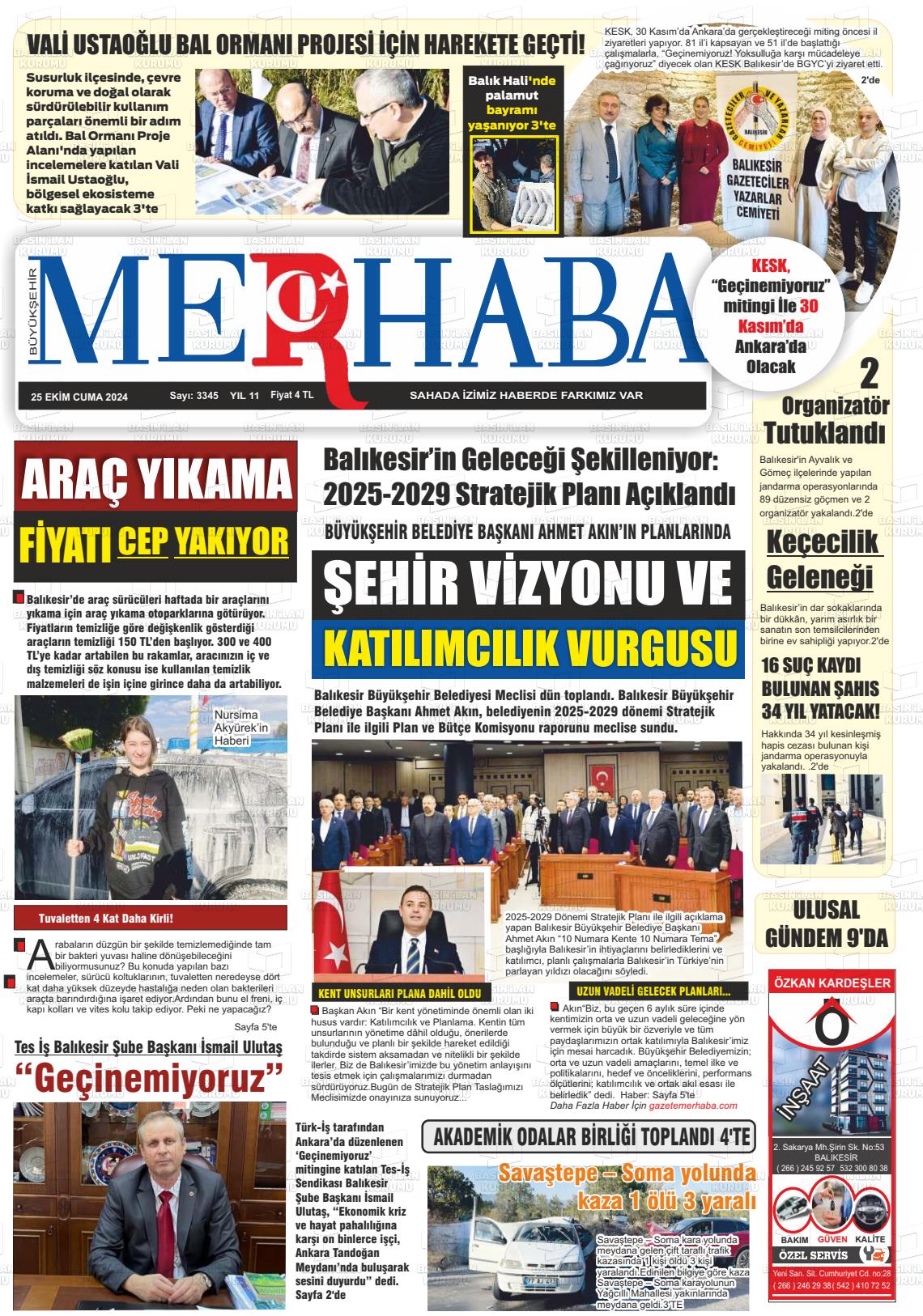 25 Ekim 2024 Büyükşehir Merhaba GAzetesi Gazete Manşeti