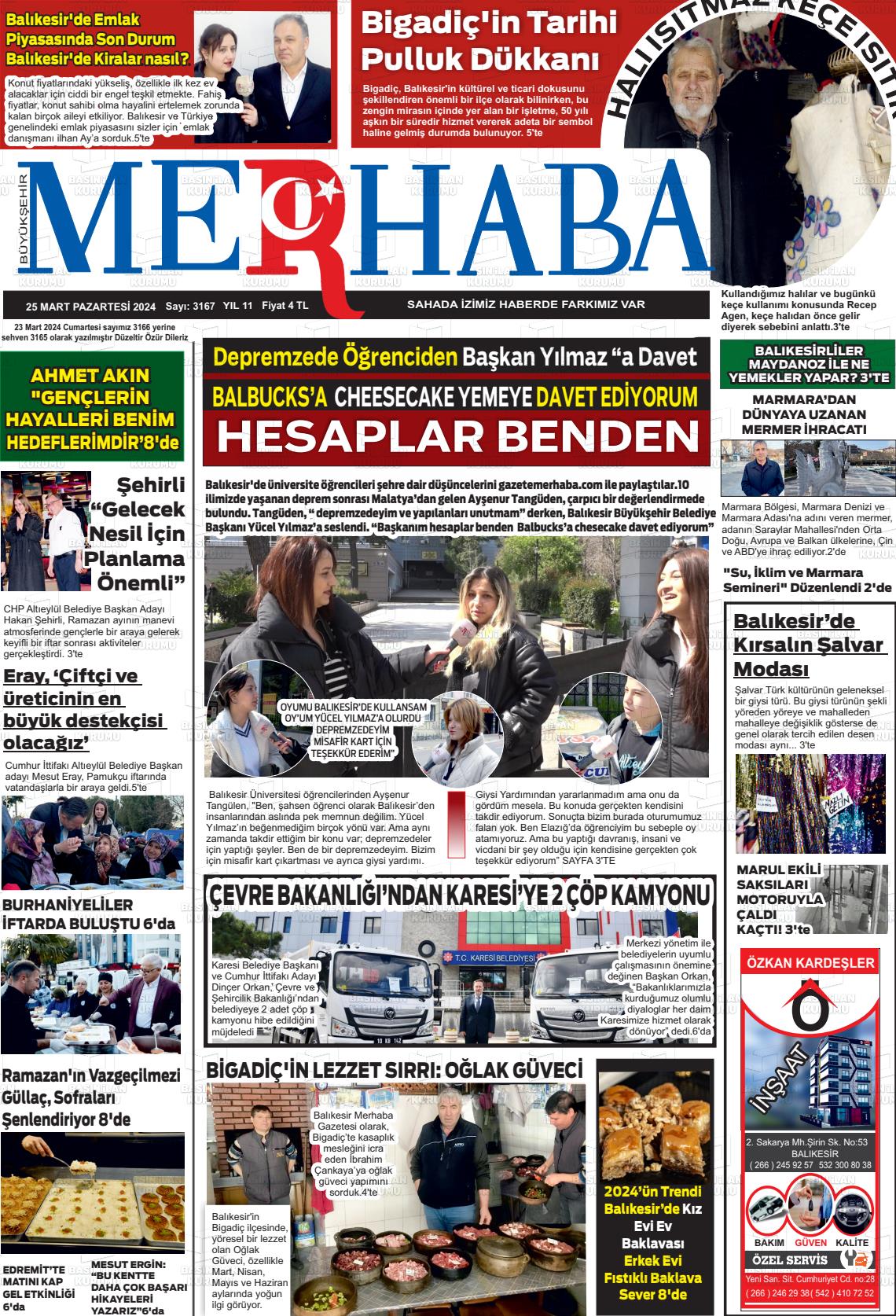 25 Mart 2024 Büyükşehir Merhaba GAzetesi Gazete Manşeti