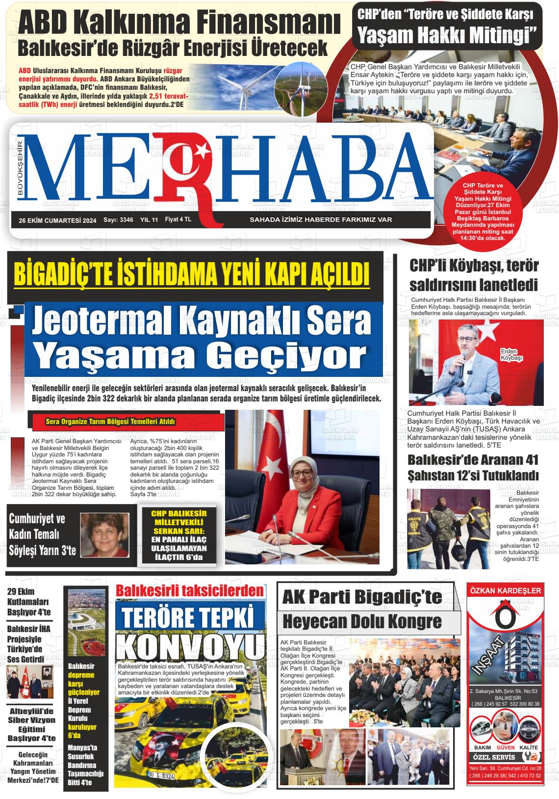 26 Ekim 2024 Büyükşehir Merhaba GAzetesi Gazete Manşeti