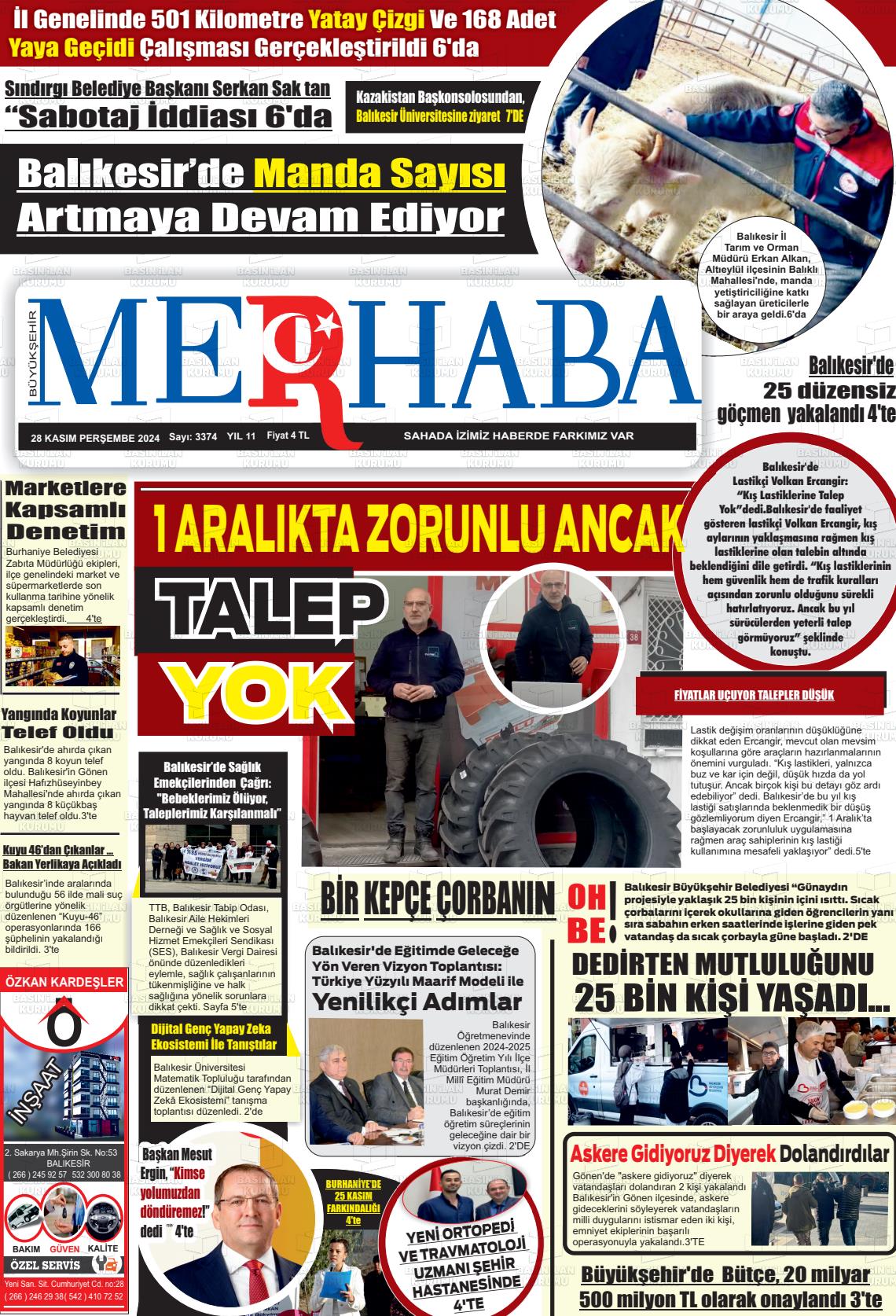 03 Aralık 2024 Büyükşehir Merhaba GAzetesi Gazete Manşeti