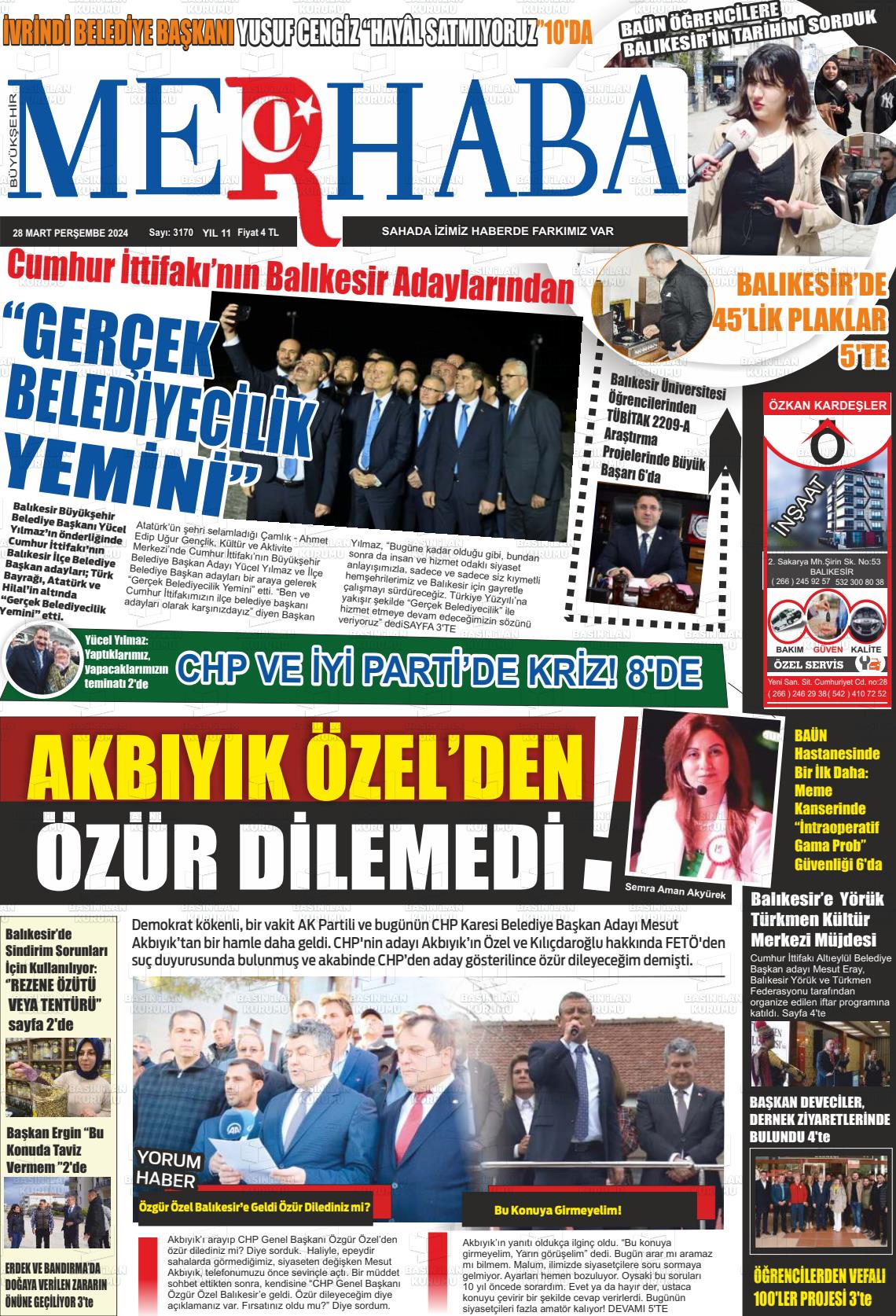 28 Mart 2024 Büyükşehir Merhaba GAzetesi Gazete Manşeti