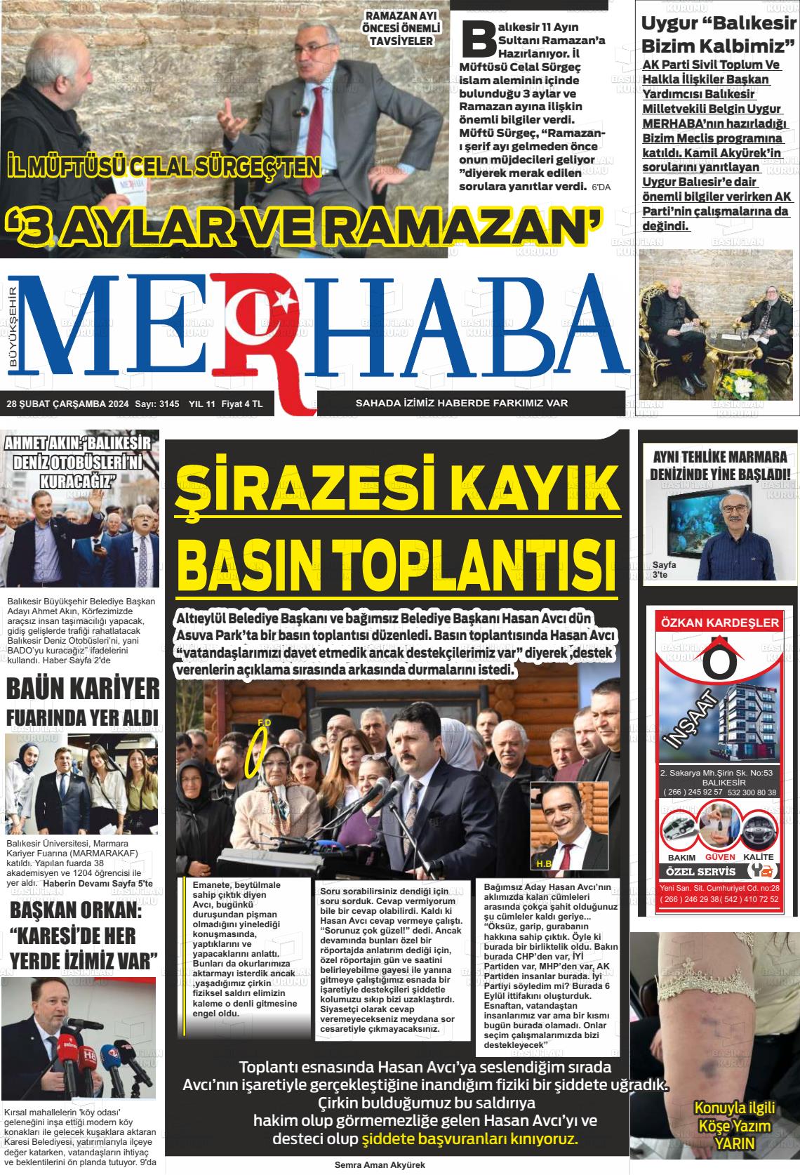 28 Şubat 2024 Büyükşehir Merhaba GAzetesi Gazete Manşeti