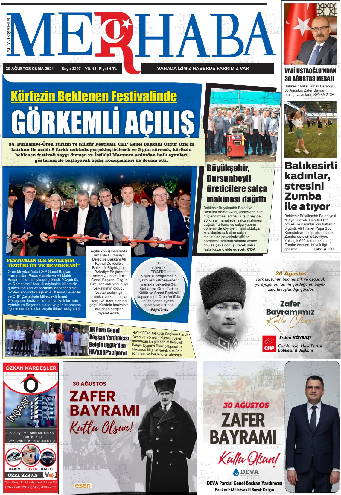 30 Ağustos 2024 Büyükşehir Merhaba GAzetesi Gazete Manşeti