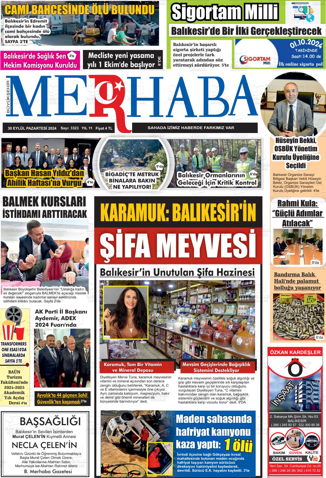 30 Eylül 2024 Büyükşehir Merhaba GAzetesi Gazete Manşeti