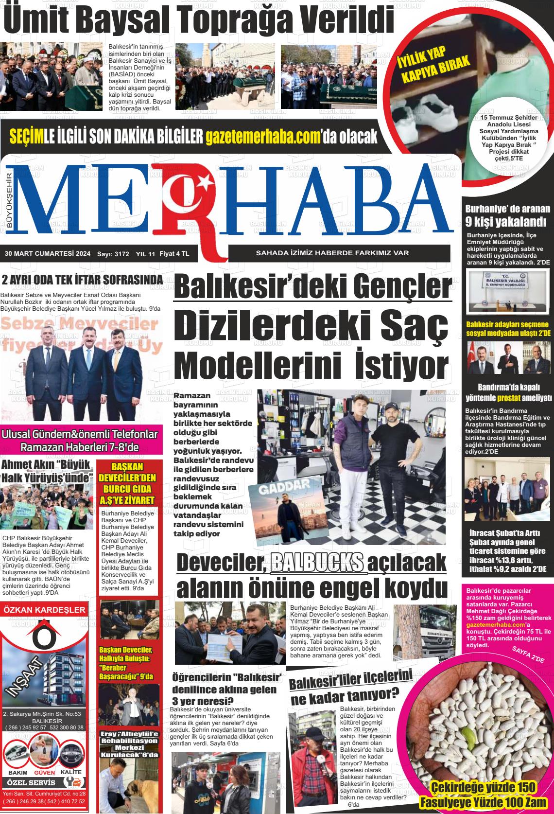 30 Mart 2024 Büyükşehir Merhaba GAzetesi Gazete Manşeti