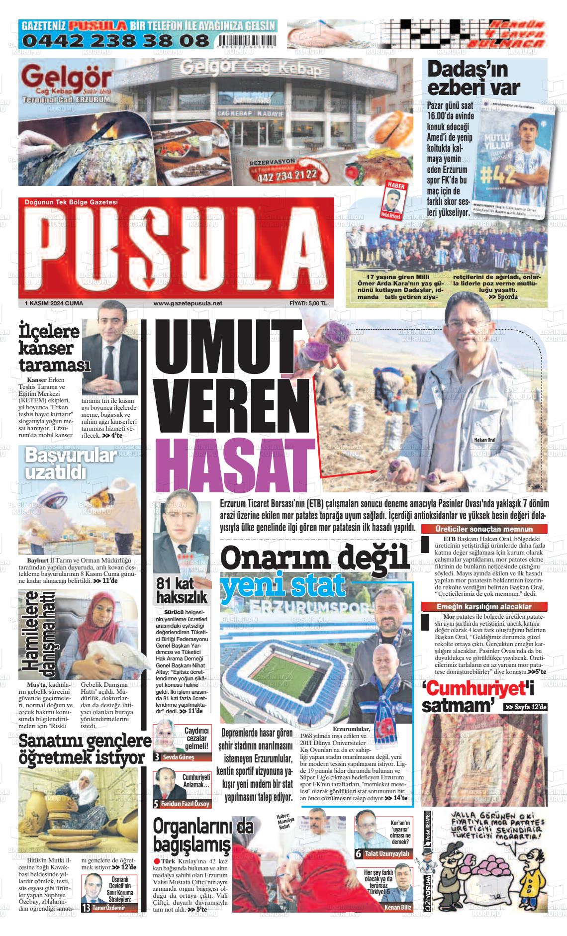 01 Kasım 2024 Erzurum Pusula Gazete Manşeti