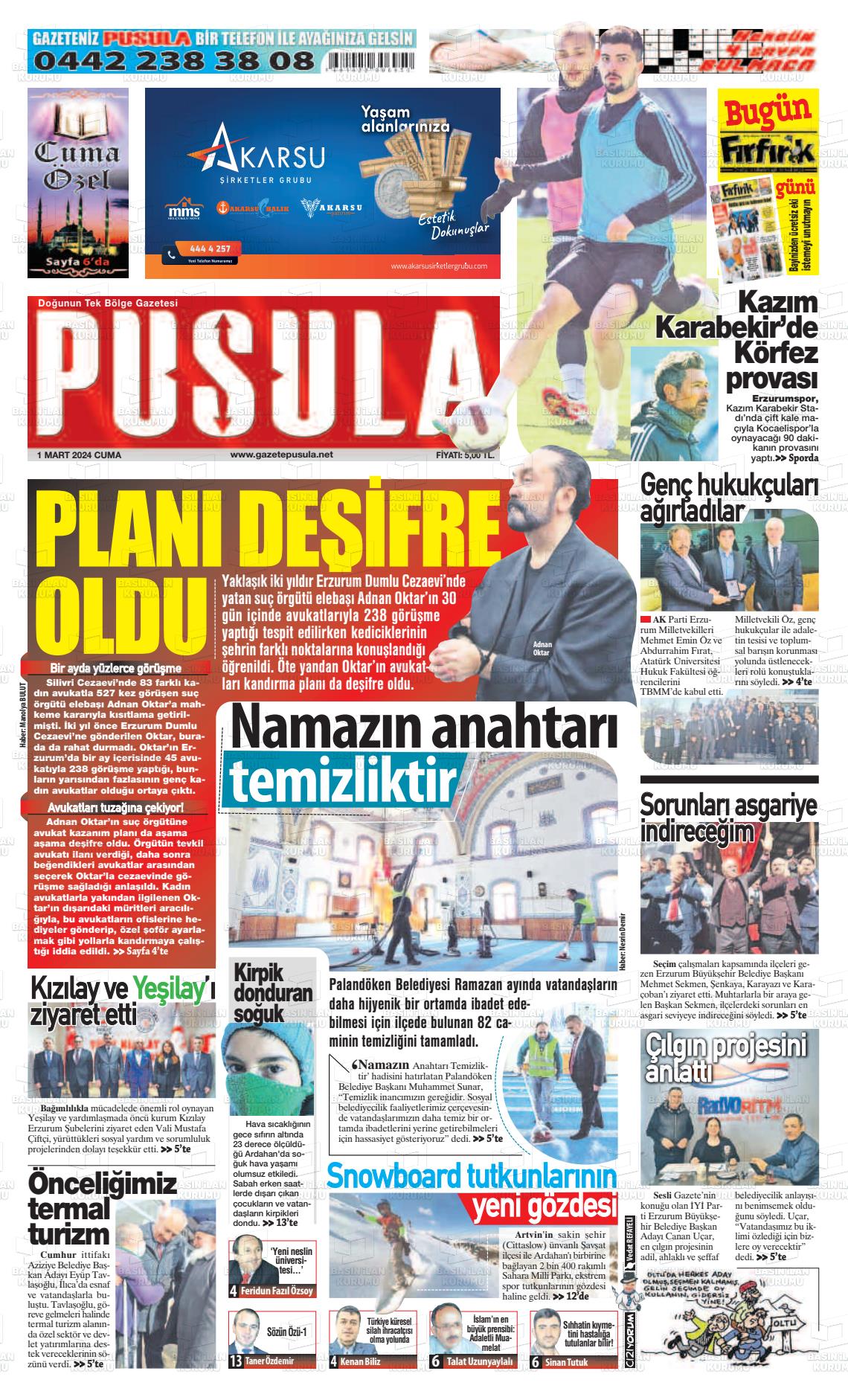 01 Mart 2024 Erzurum Pusula Gazete Manşeti