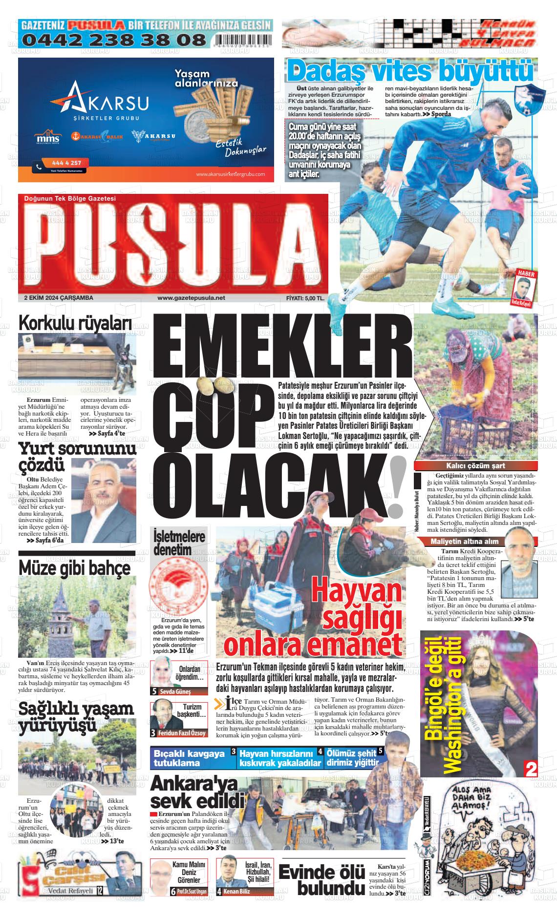 02 Ekim 2024 Erzurum Pusula Gazete Manşeti