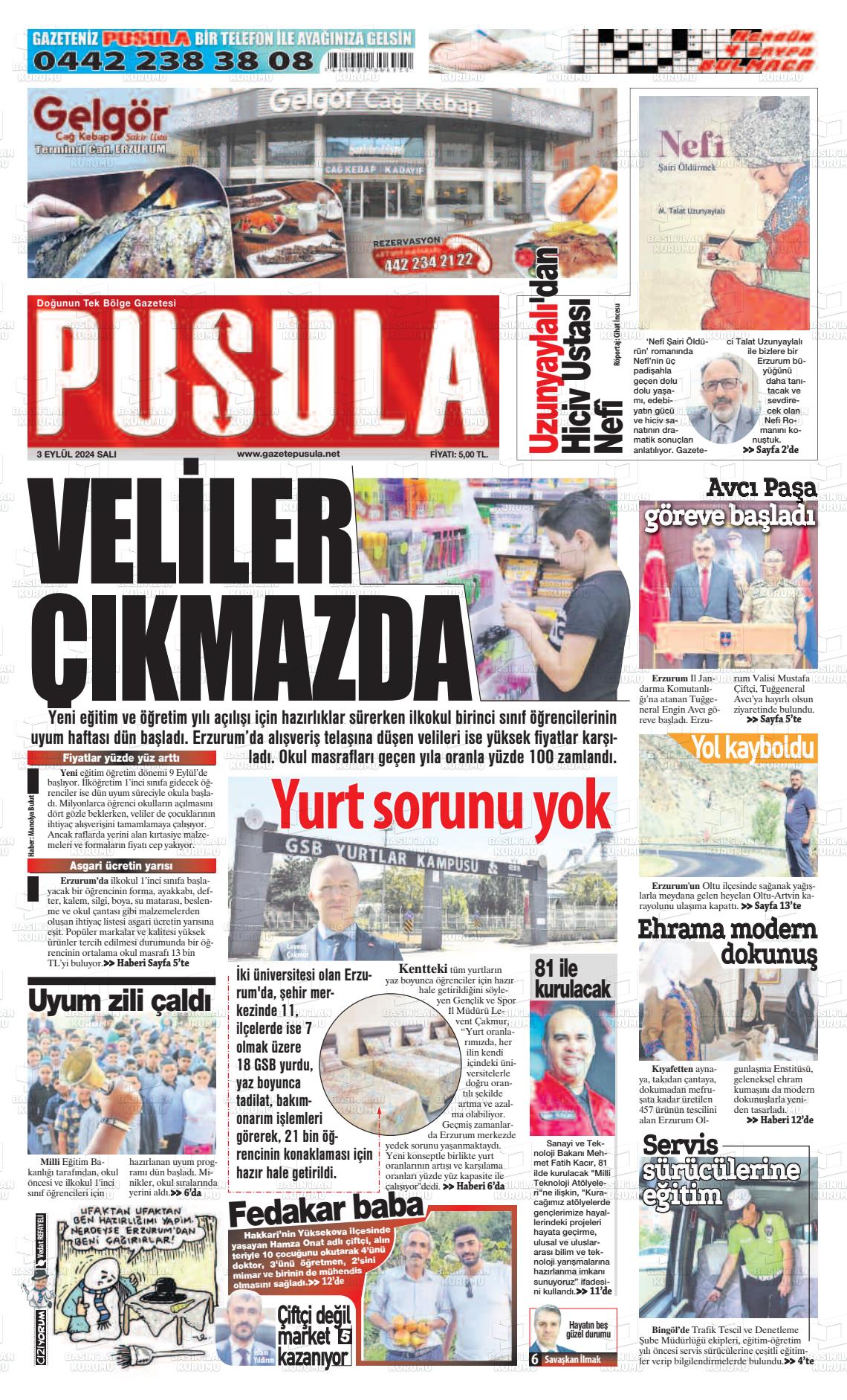 03 Eylül 2024 Erzurum Pusula Gazete Manşeti