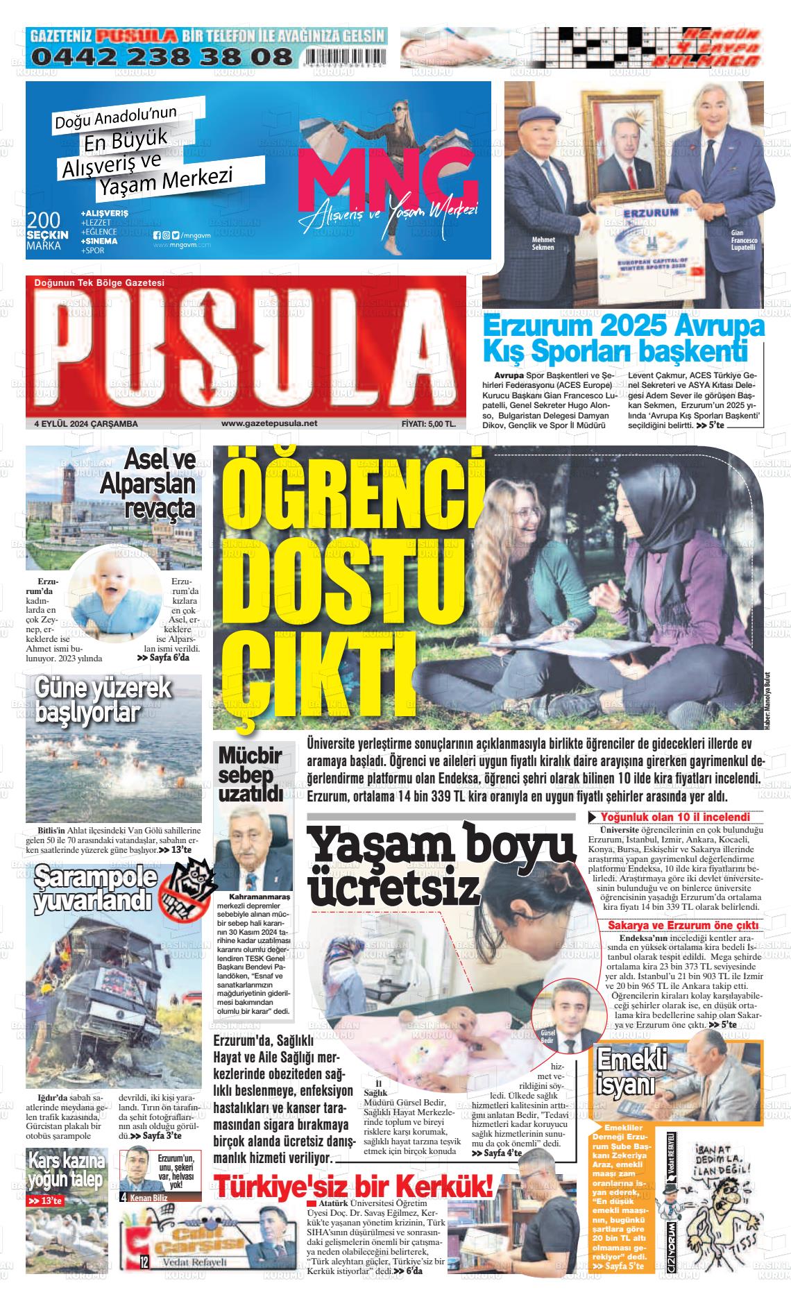 04 Eylül 2024 Erzurum Pusula Gazete Manşeti