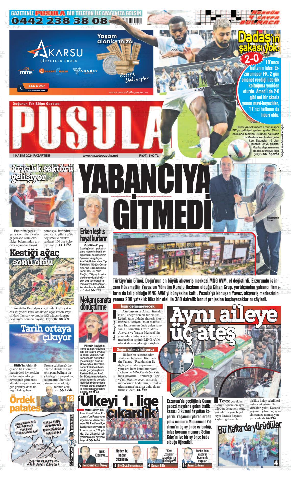 04 Kasım 2024 Erzurum Pusula Gazete Manşeti