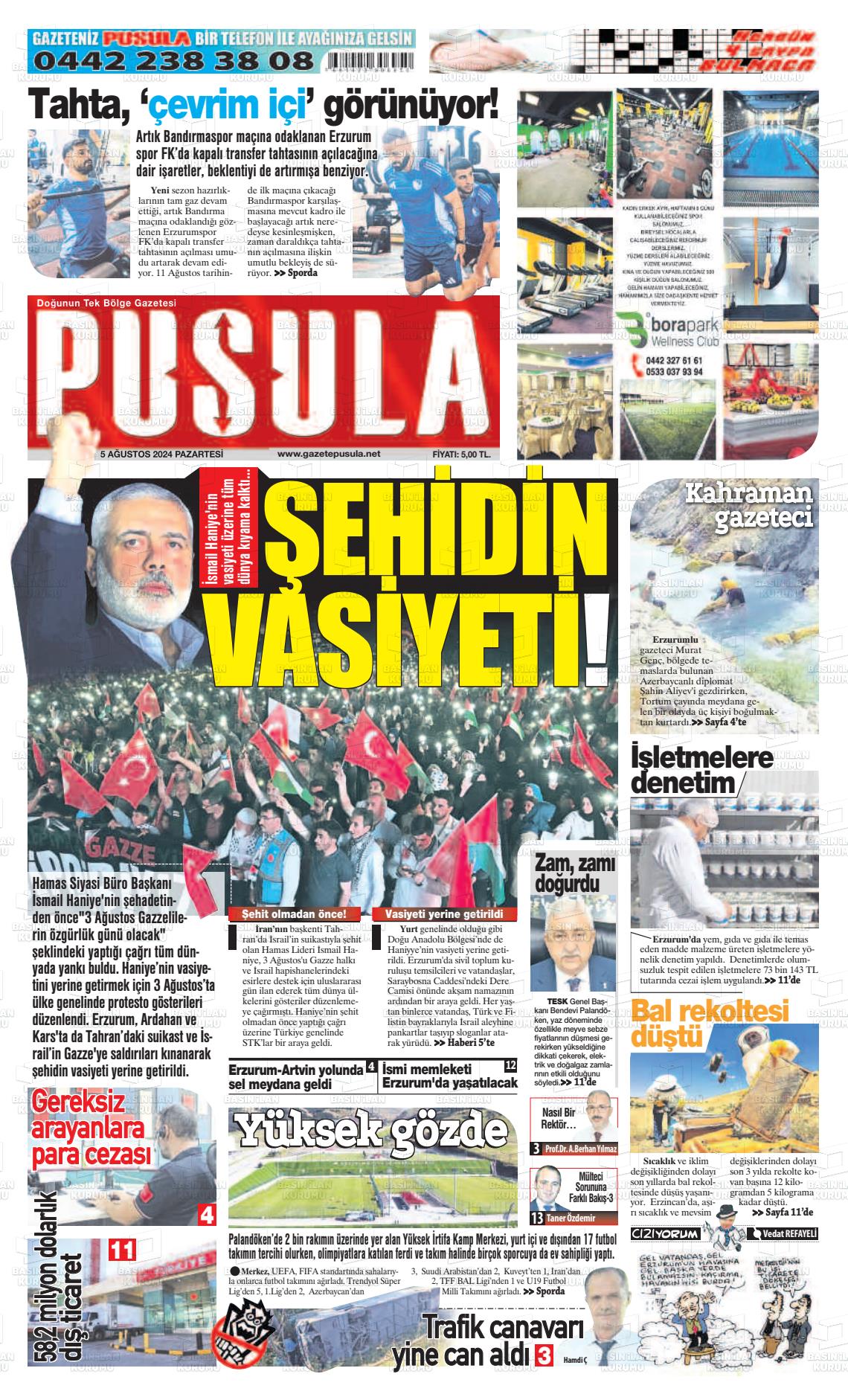 05 Ağustos 2024 Erzurum Pusula Gazete Manşeti