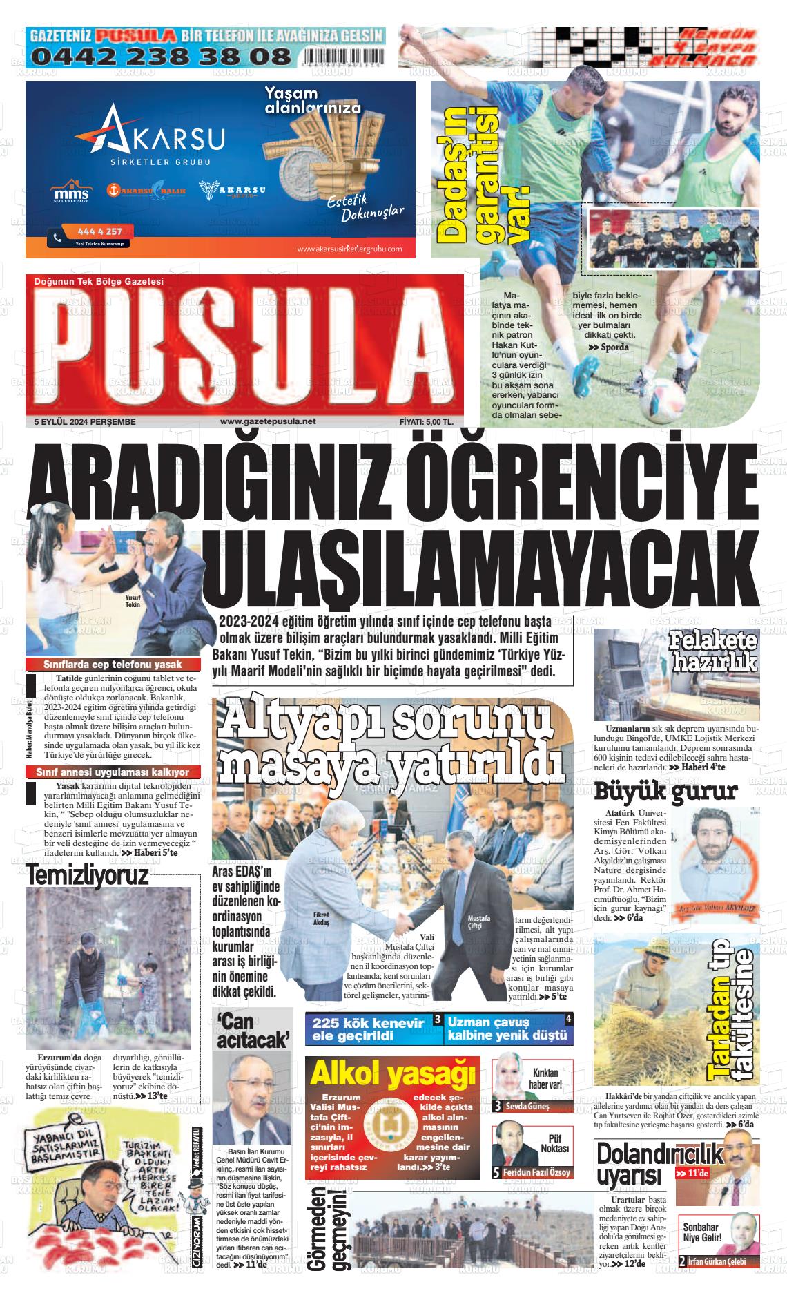 05 Eylül 2024 Erzurum Pusula Gazete Manşeti