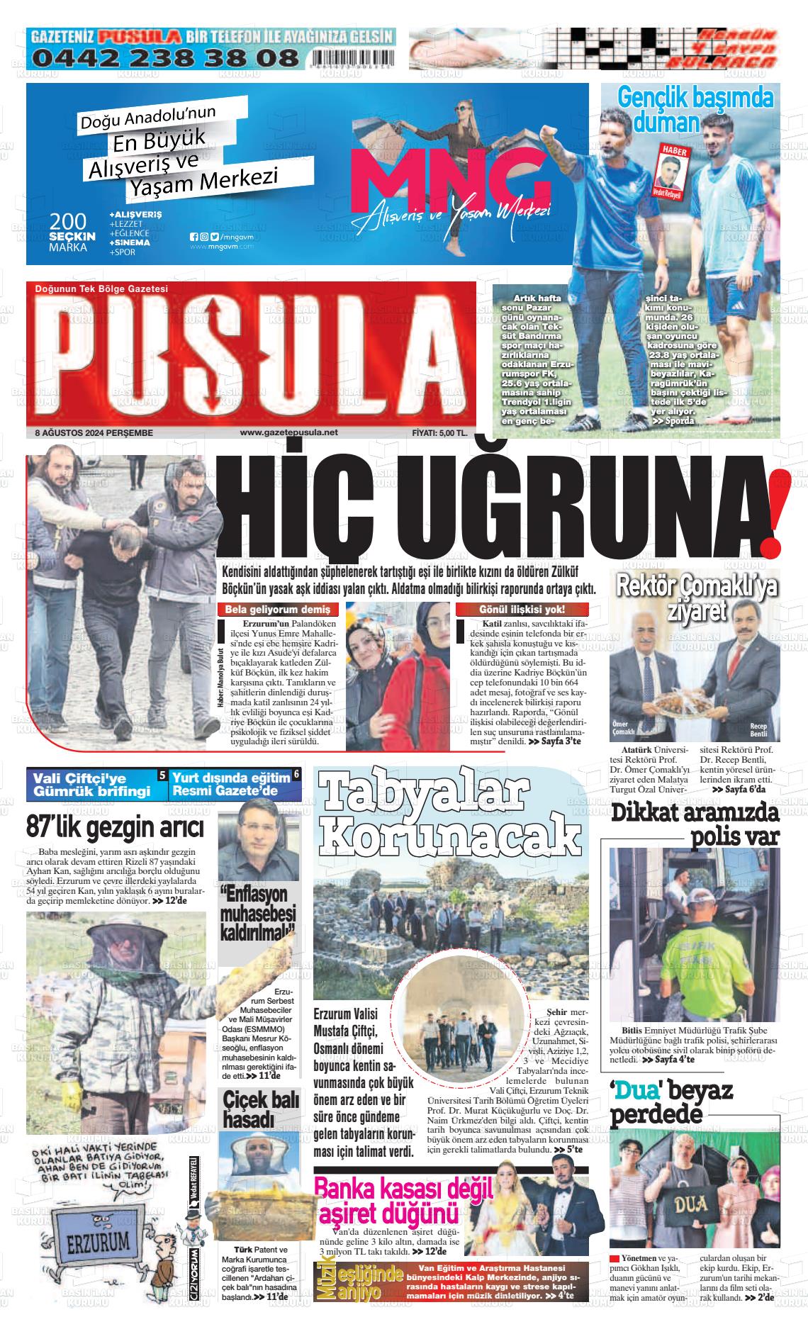 08 Ağustos 2024 Erzurum Pusula Gazete Manşeti