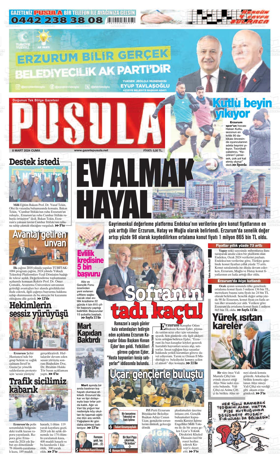 08 Mart 2024 Erzurum Pusula Gazete Manşeti