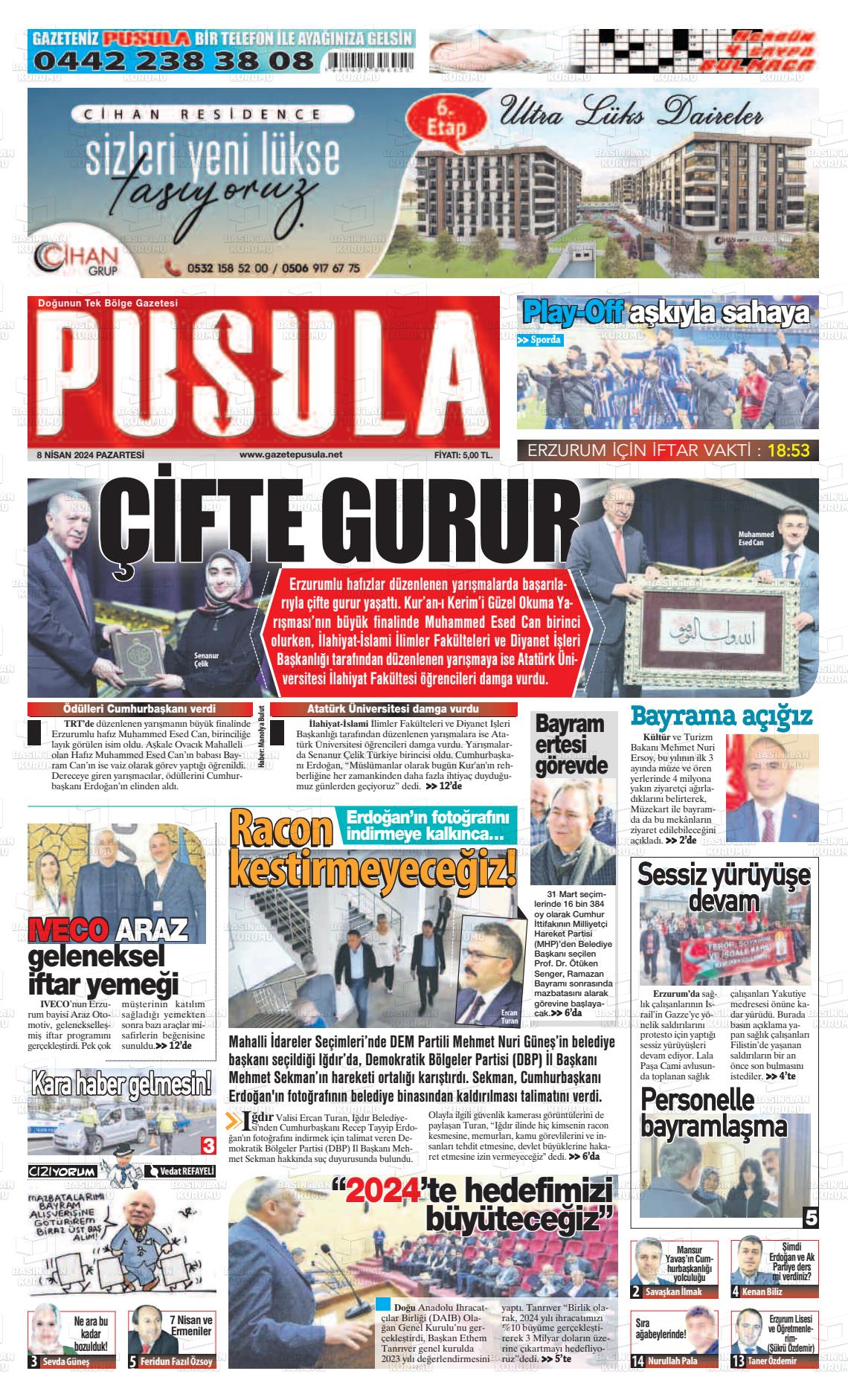 08 Nisan 2024 Erzurum Pusula Gazete Manşeti