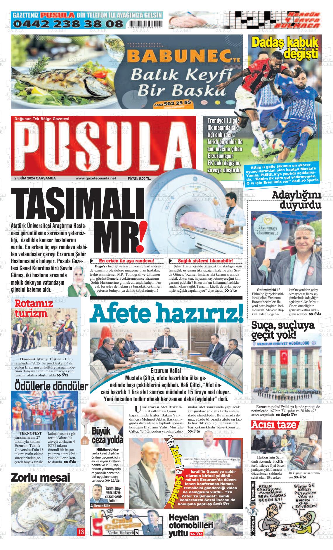 09 Ekim 2024 Erzurum Pusula Gazete Manşeti