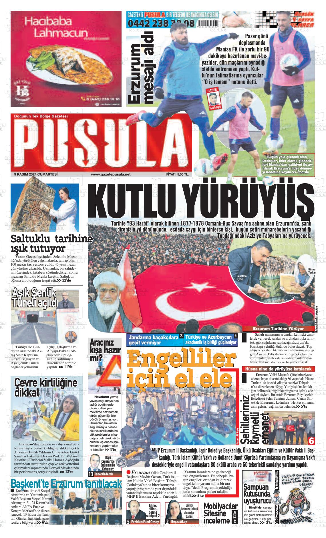 09 Kasım 2024 Erzurum Pusula Gazete Manşeti