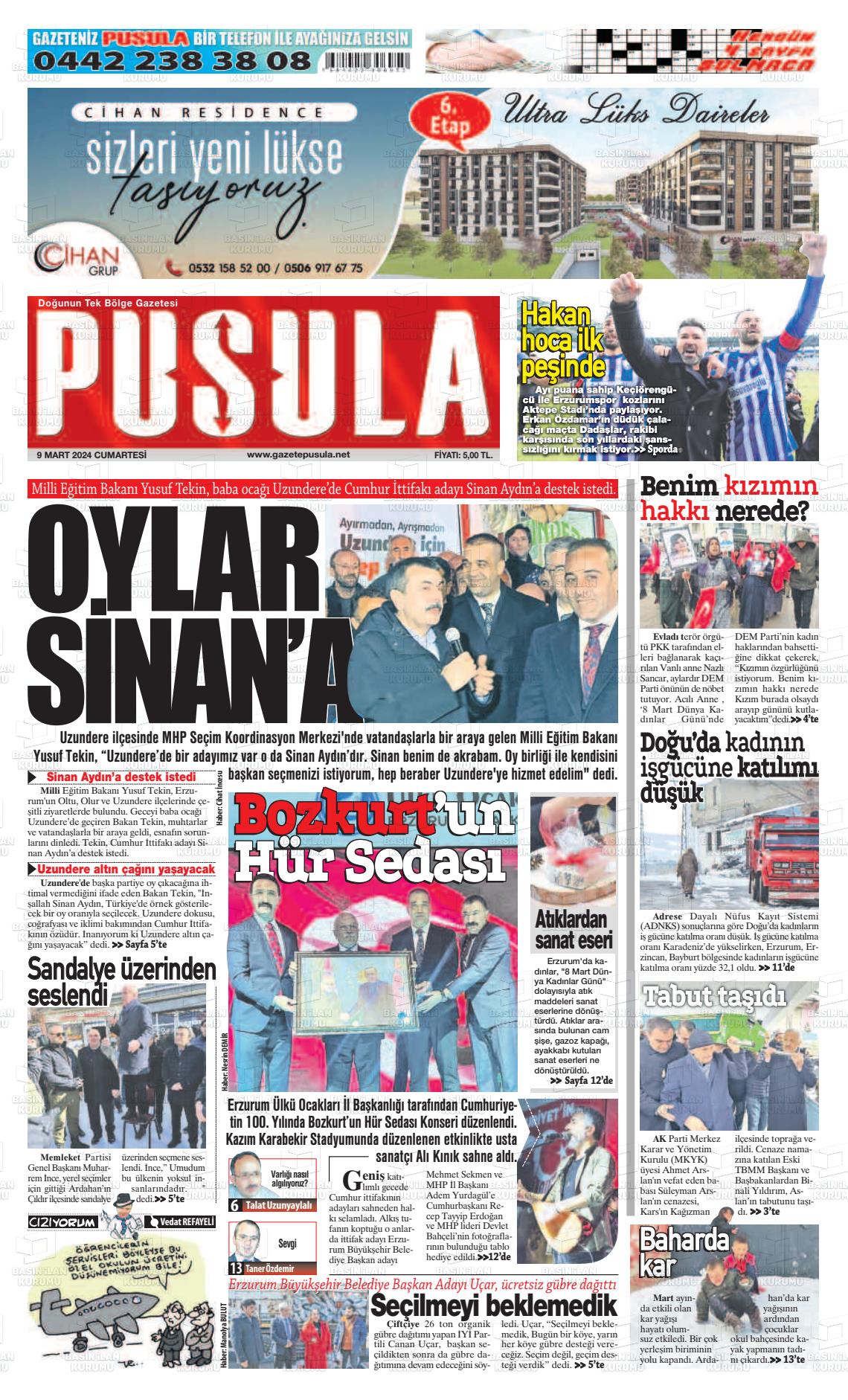 09 Mart 2024 Erzurum Pusula Gazete Manşeti