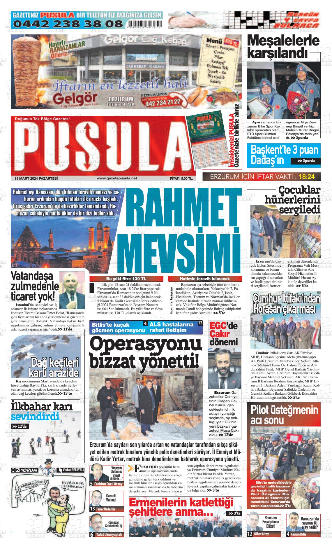 11 Mart 2024 Erzurum Pusula Gazete Manşeti