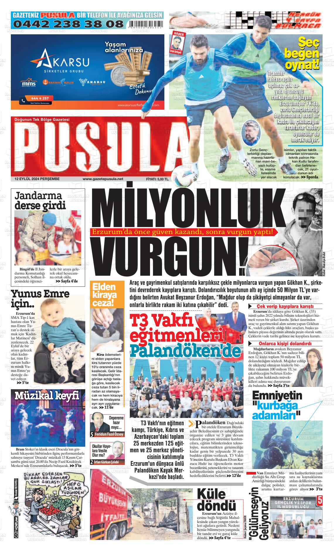 12 Eylül 2024 Erzurum Pusula Gazete Manşeti