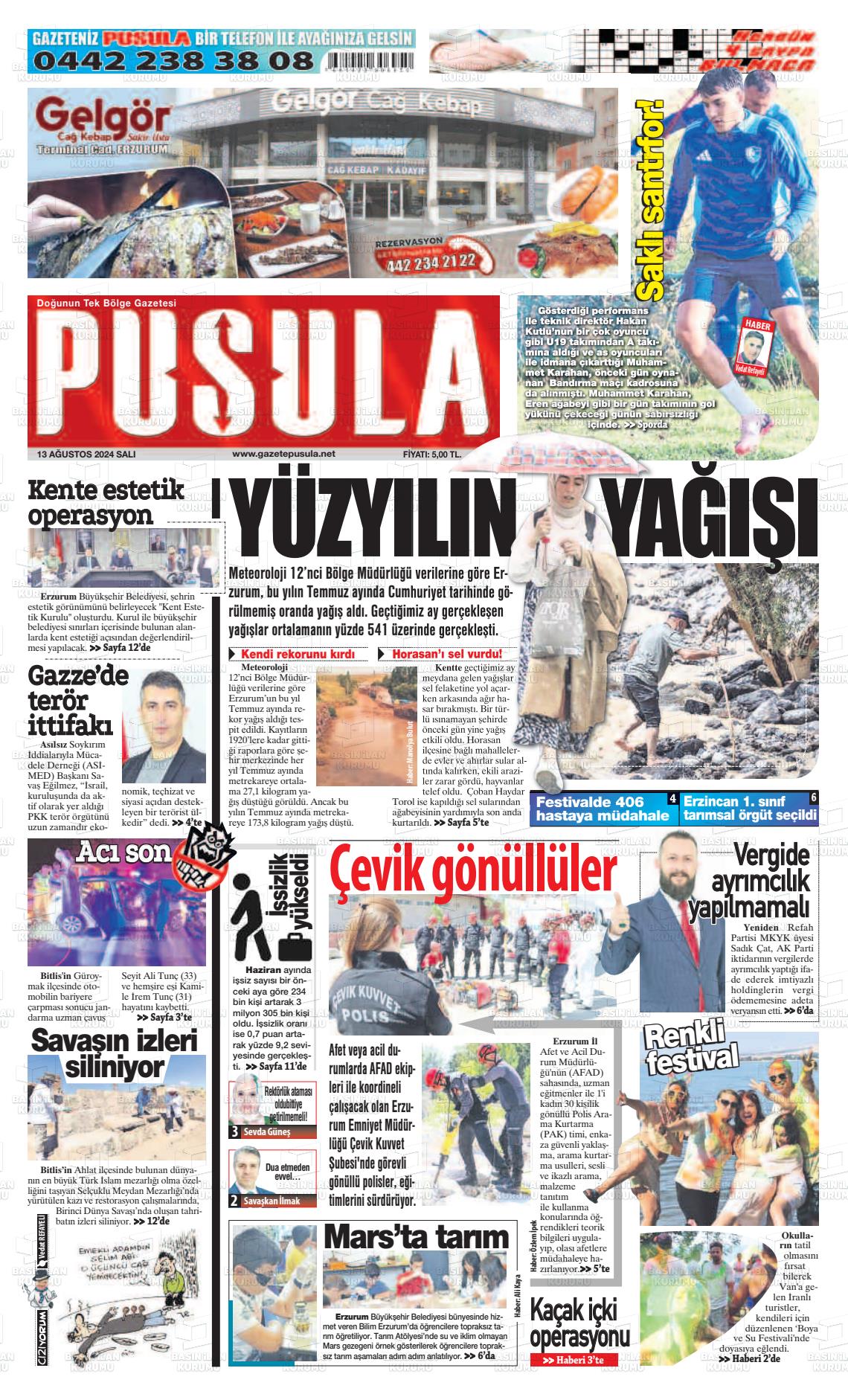 13 Ağustos 2024 Erzurum Pusula Gazete Manşeti