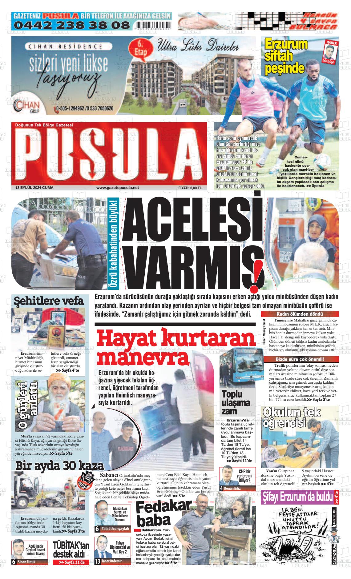 13 Eylül 2024 Erzurum Pusula Gazete Manşeti