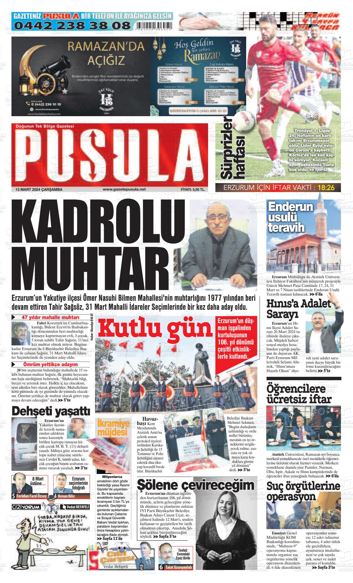 13 Mart 2024 Erzurum Pusula Gazete Manşeti