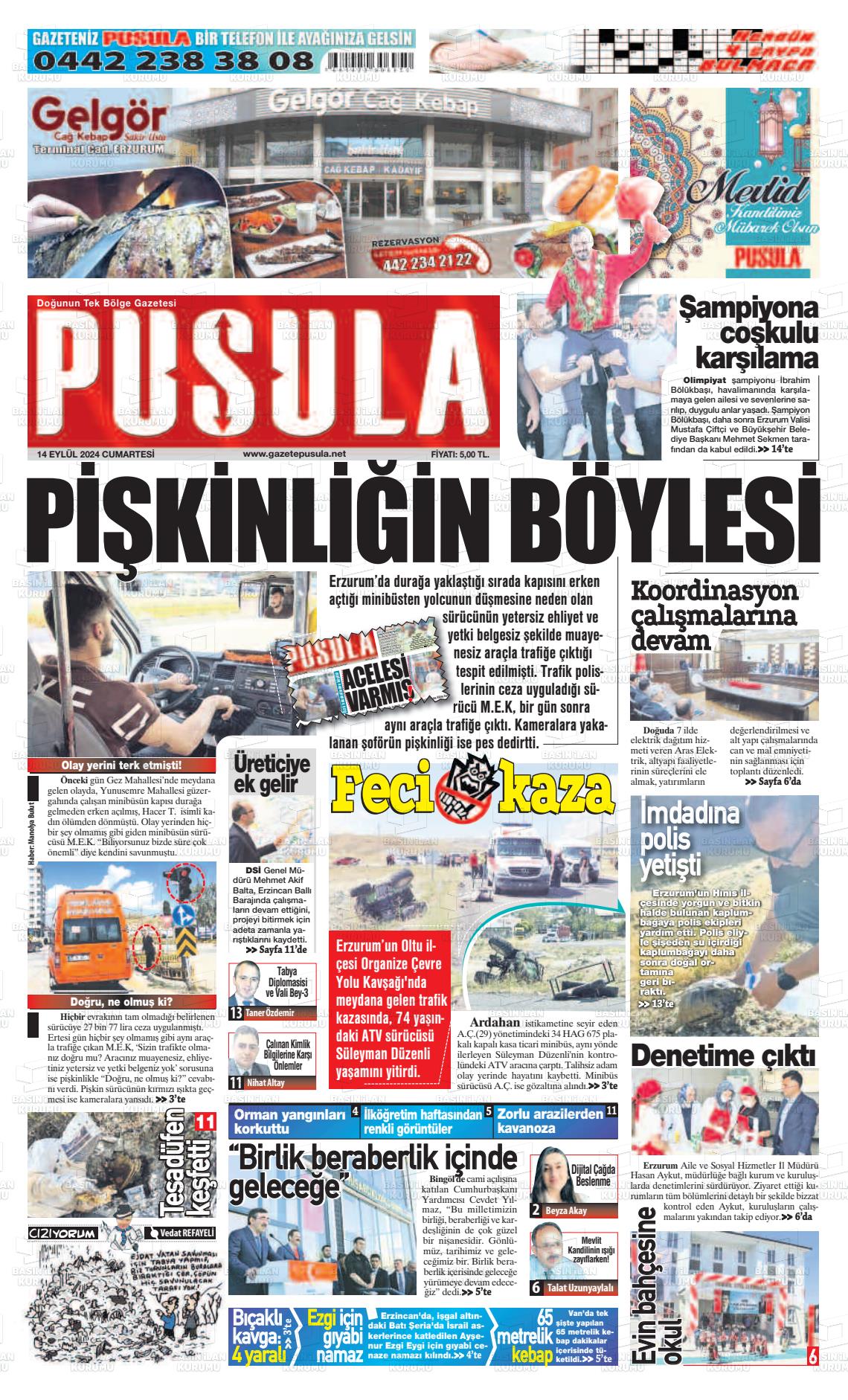 14 Eylül 2024 Erzurum Pusula Gazete Manşeti