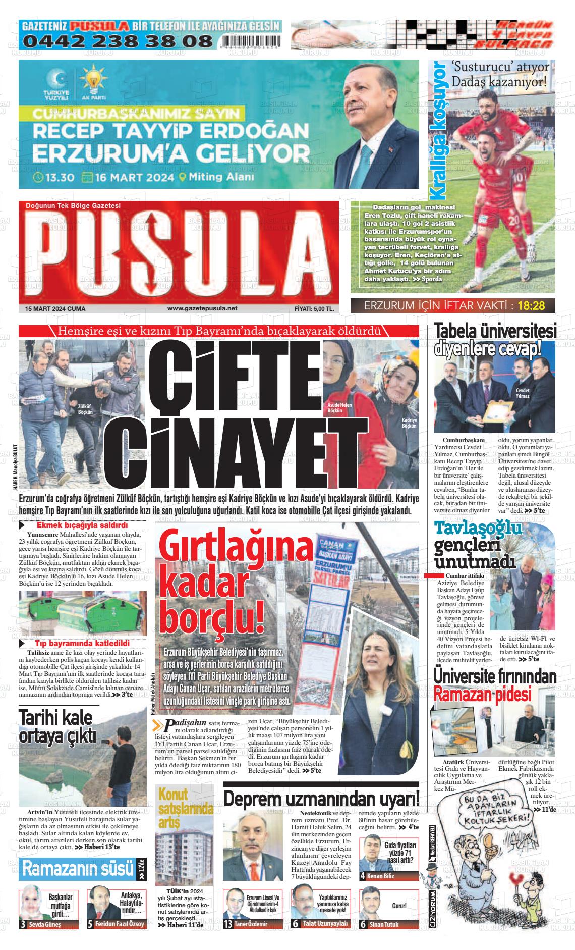 15 Mart 2024 Erzurum Pusula Gazete Manşeti