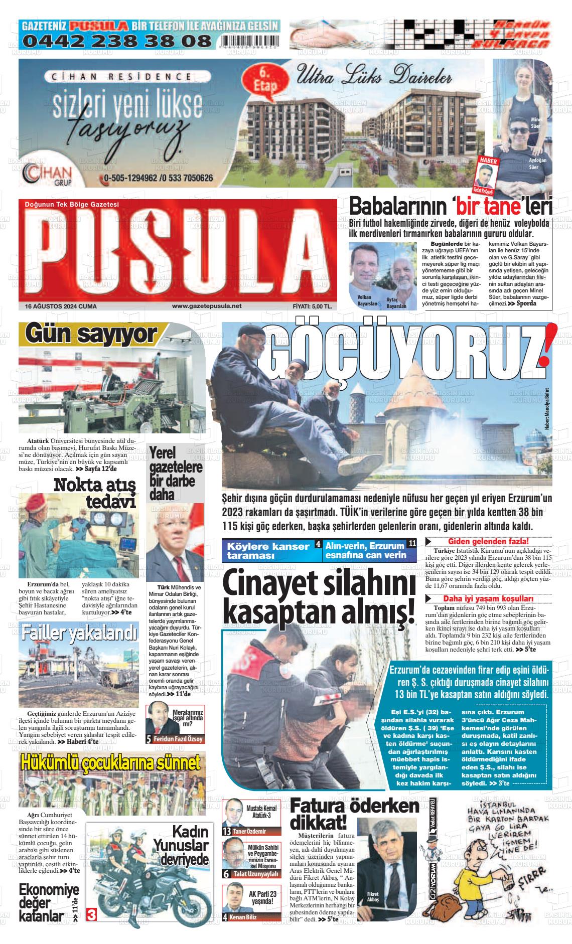 16 Ağustos 2024 Erzurum Pusula Gazete Manşeti