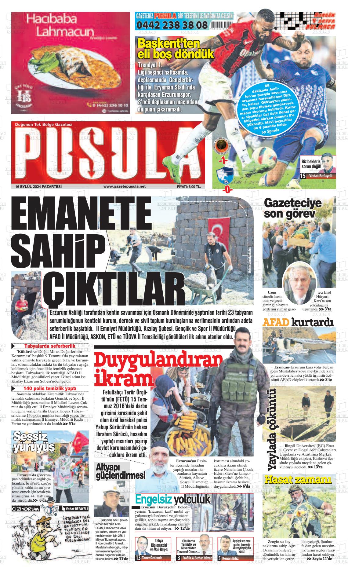 16 Eylül 2024 Erzurum Pusula Gazete Manşeti