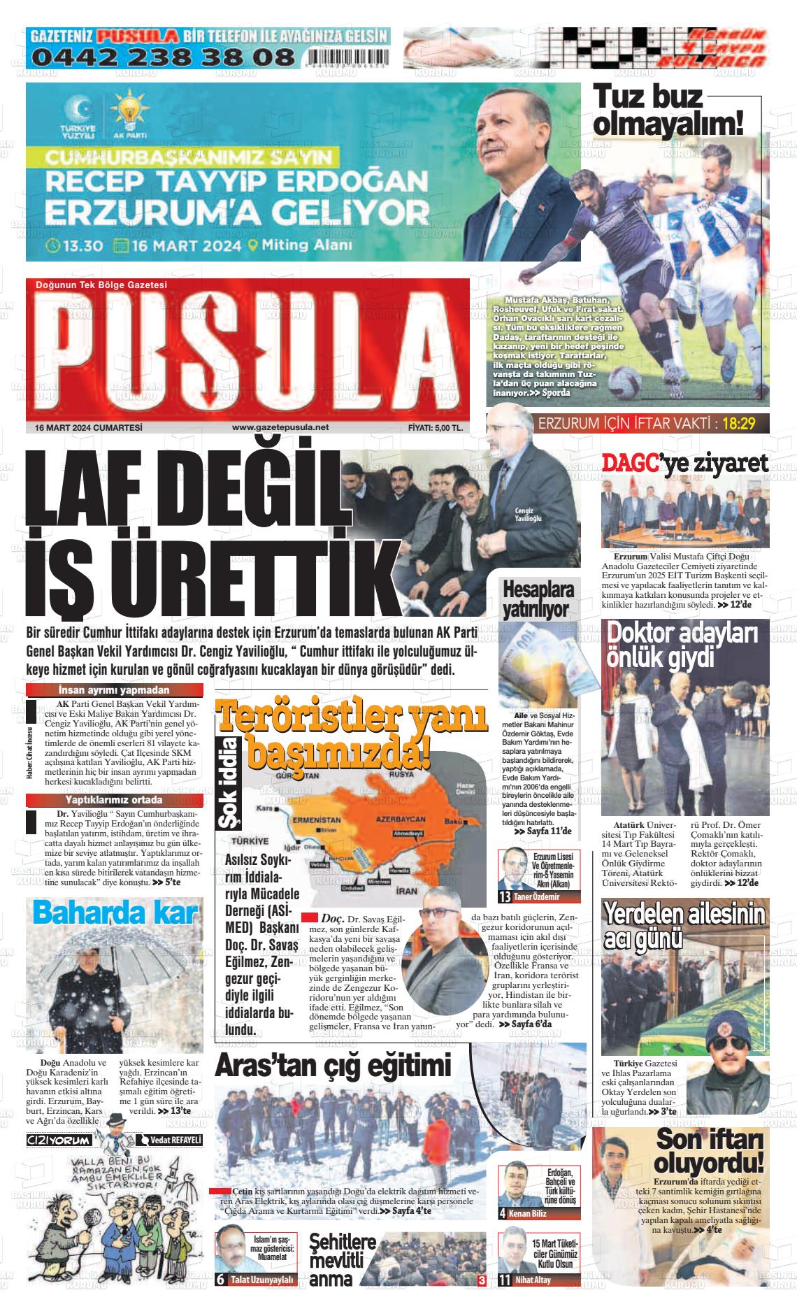 16 Mart 2024 Erzurum Pusula Gazete Manşeti