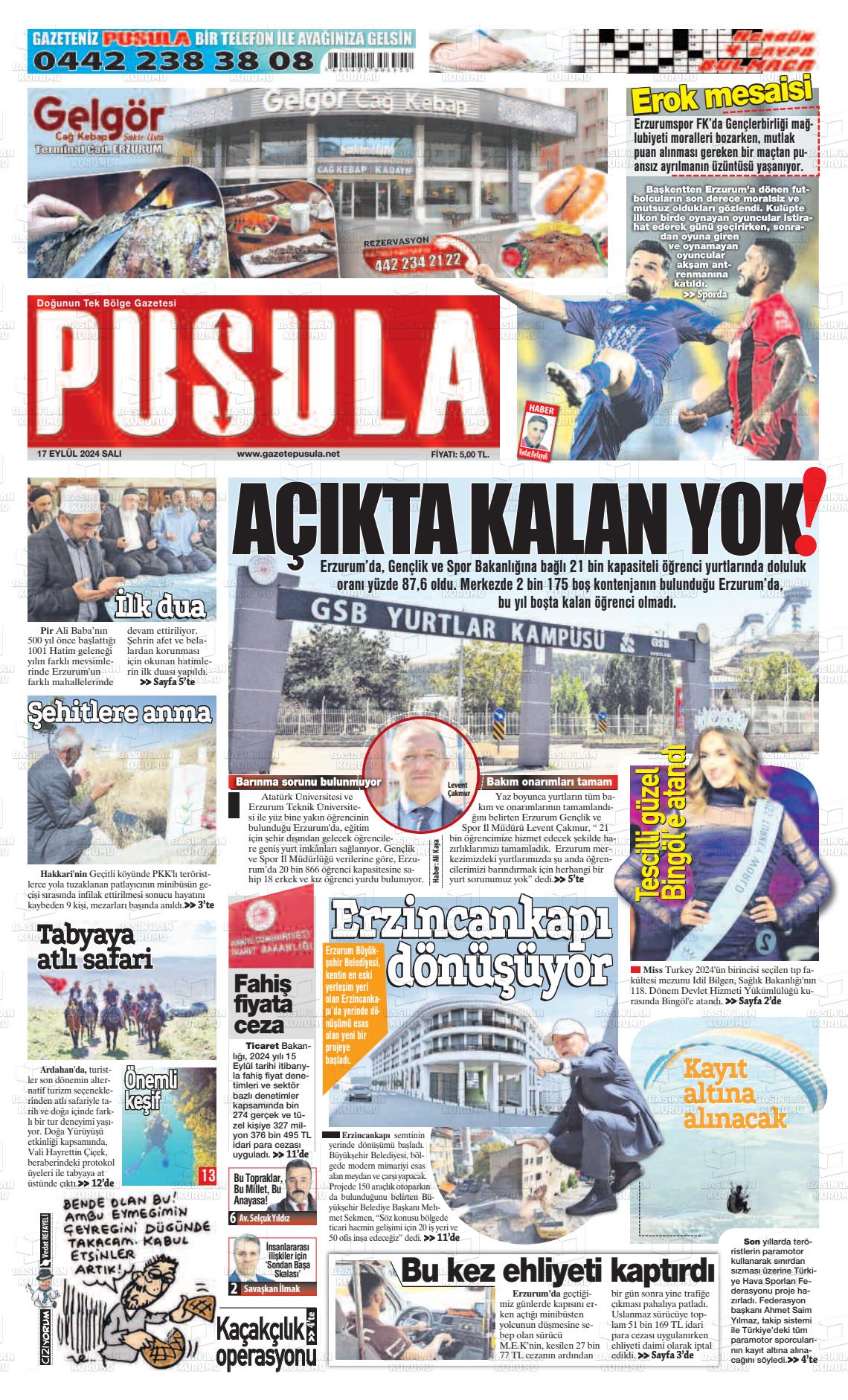 17 Eylül 2024 Erzurum Pusula Gazete Manşeti