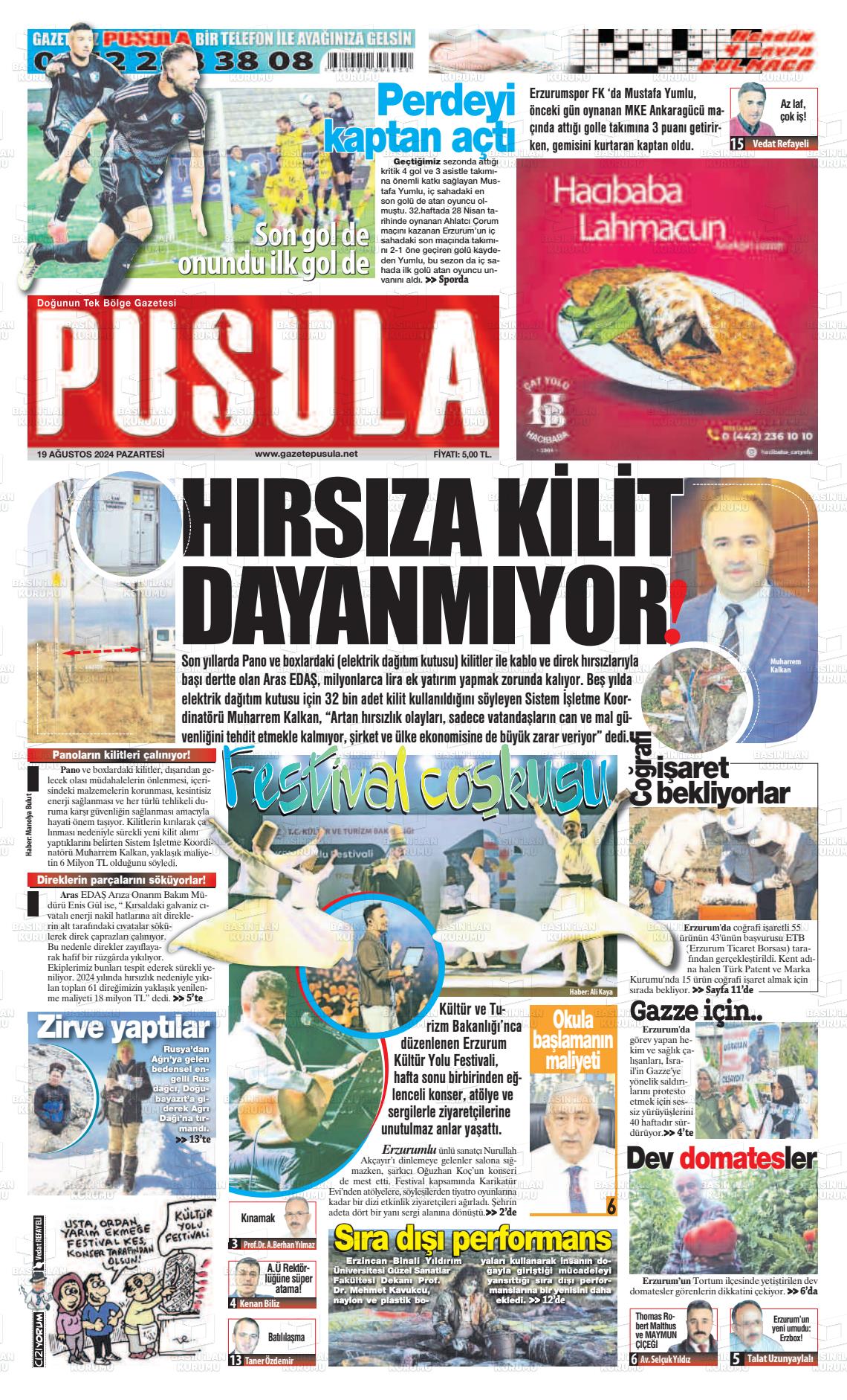 19 Ağustos 2024 Erzurum Pusula Gazete Manşeti