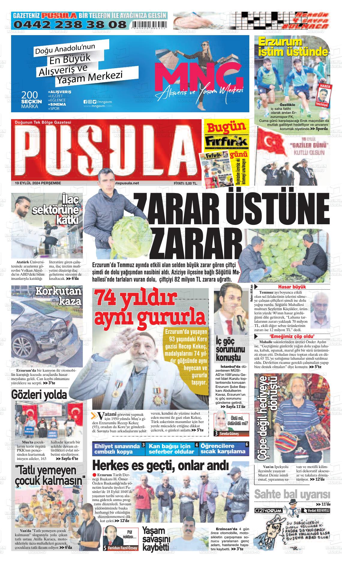 19 Eylül 2024 Erzurum Pusula Gazete Manşeti