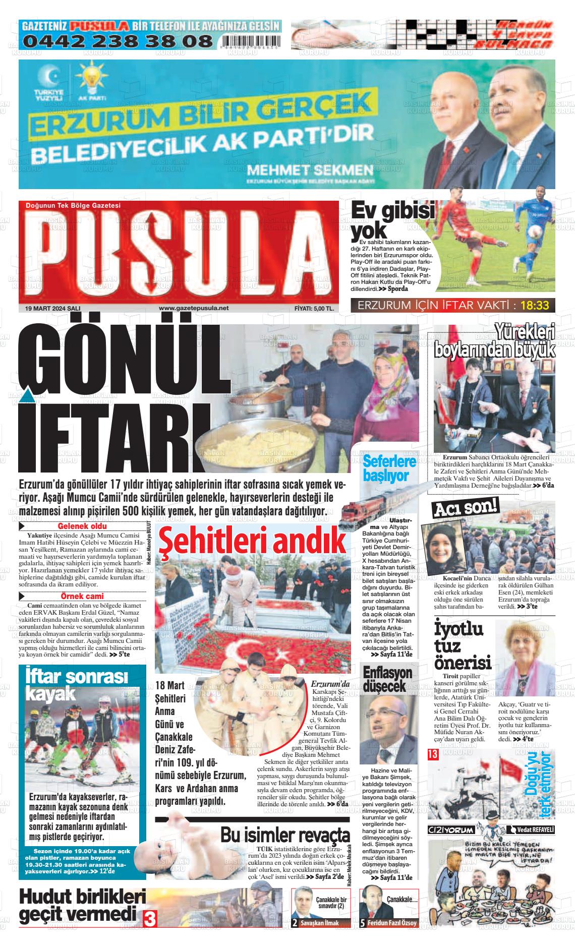 19 Mart 2024 Erzurum Pusula Gazete Manşeti